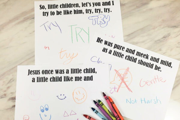 Jesus Once Was a Little Child Draw the Song Challenge fun singing time idea with printable song helps for LDS Primary Music Leaders. Can they follow along and complete one of the challenges for each line of the song?