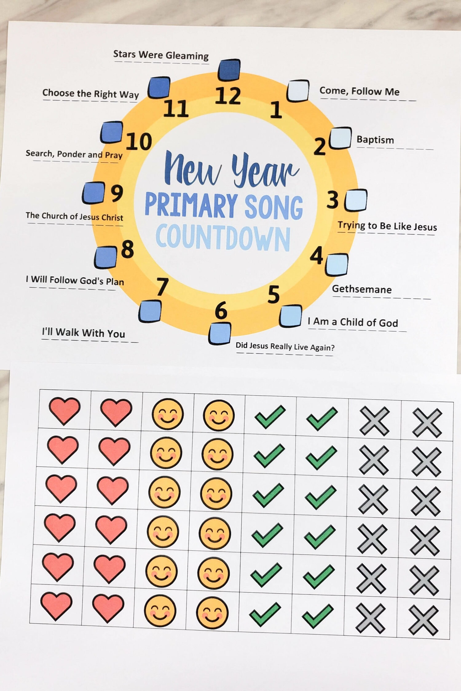 Primary Song Check-in - Use this cute printable to introduce your Primary Songs for the new year or review all your songs to see how well the kids know them! Use it as a big poster or individual checklist trackers for your song progress. Plus, a cute clock countdown printable for New Years singing time! Free printable song helps for LDS Primary Music Leaders.
