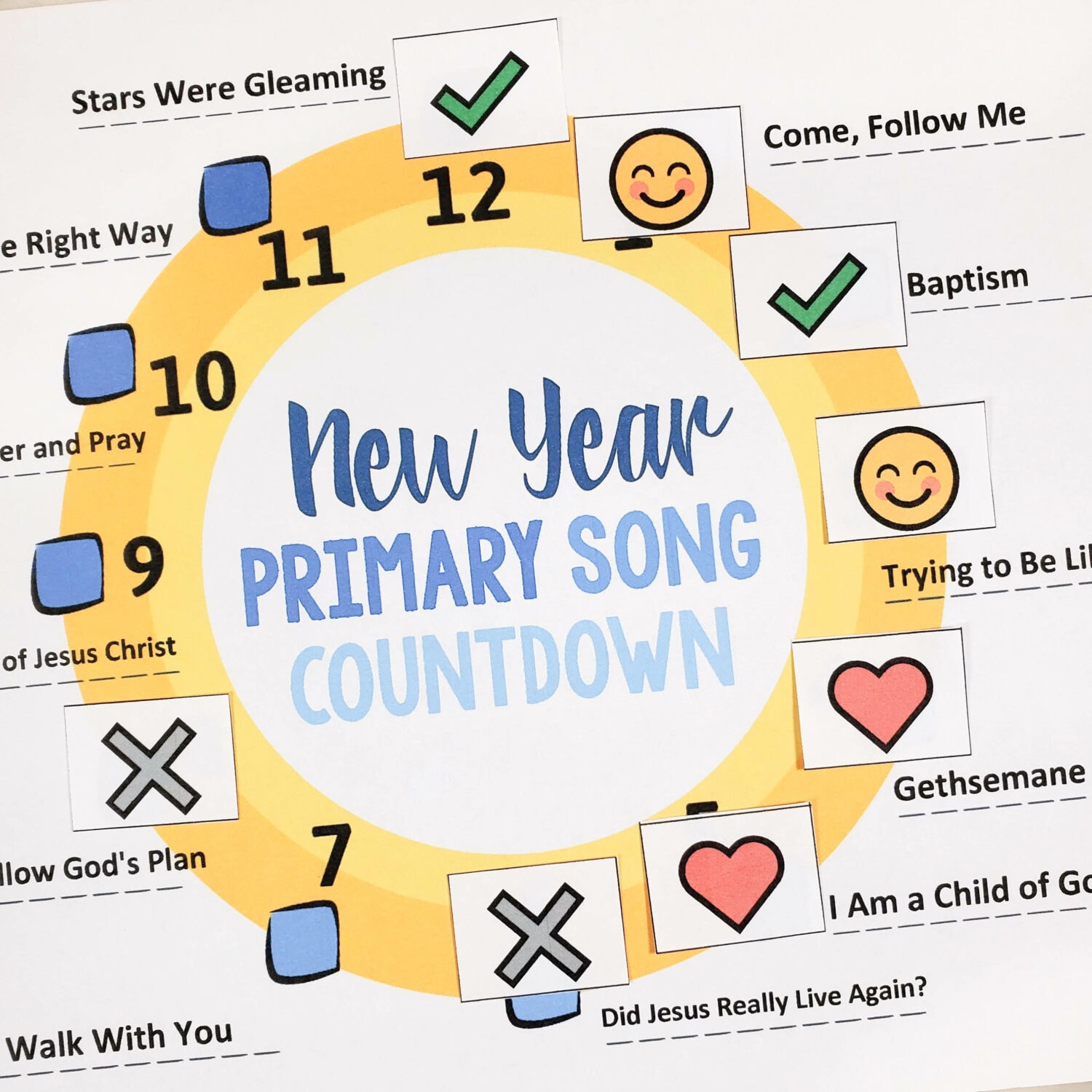 Primary Song Check-in - Use this cute printable to introduce your Primary Songs for the new year or review all your songs to see how well the kids know them! Use it as a big poster or individual checklist trackers for your song progress. Plus, a cute clock countdown printable for New Years singing time! Free printable song helps for LDS Primary Music Leaders.
