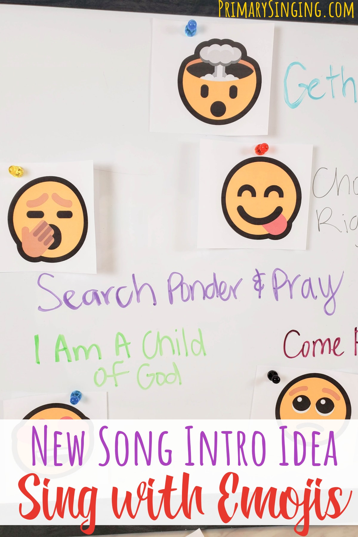 Introduce new primary songs for the Come Follow Me year with this adorable Sing with Emojis (emotions!) singing time idea! Includes free printables for LDS Primary music leaders and fun ways to use this activity to review a variety of songs any time of the year.
