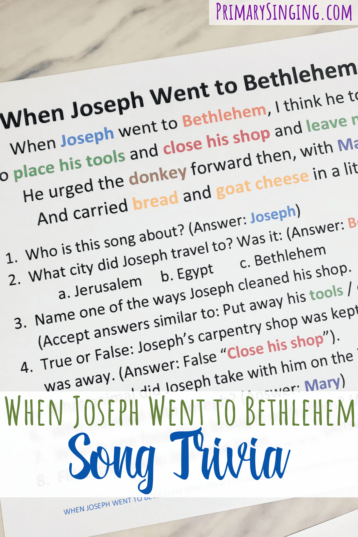When Joseph Went to Bethlehem Song Trivia singing time activity! Use the lyrics of this Primary Christmas song to answer simple trivia questions. Pit the kids vs the teachers for a fun challenge with the words. Includes free printable song helps for LDS Primary music leaders.