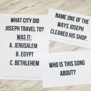 When Joseph Went to Bethlehem Song Trivia singing time activity! Use the lyrics of this Primary Christmas song to answer simple trivia questions. Pit the kids vs the teachers for a fun challenge with the words. Includes free printable song helps for LDS Primary music leaders.