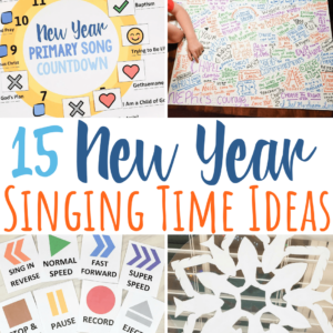 15 fun New Year Singing Time ideas - simple and easy activity to celebrate New Year's Eve or the start of a brand new year with printable song helps for LDS Primary music leaders. Use your own selections of songs, the kids favorite songs from the past, or your new song list for the year ahead (future) with any of these easy lesson plans.