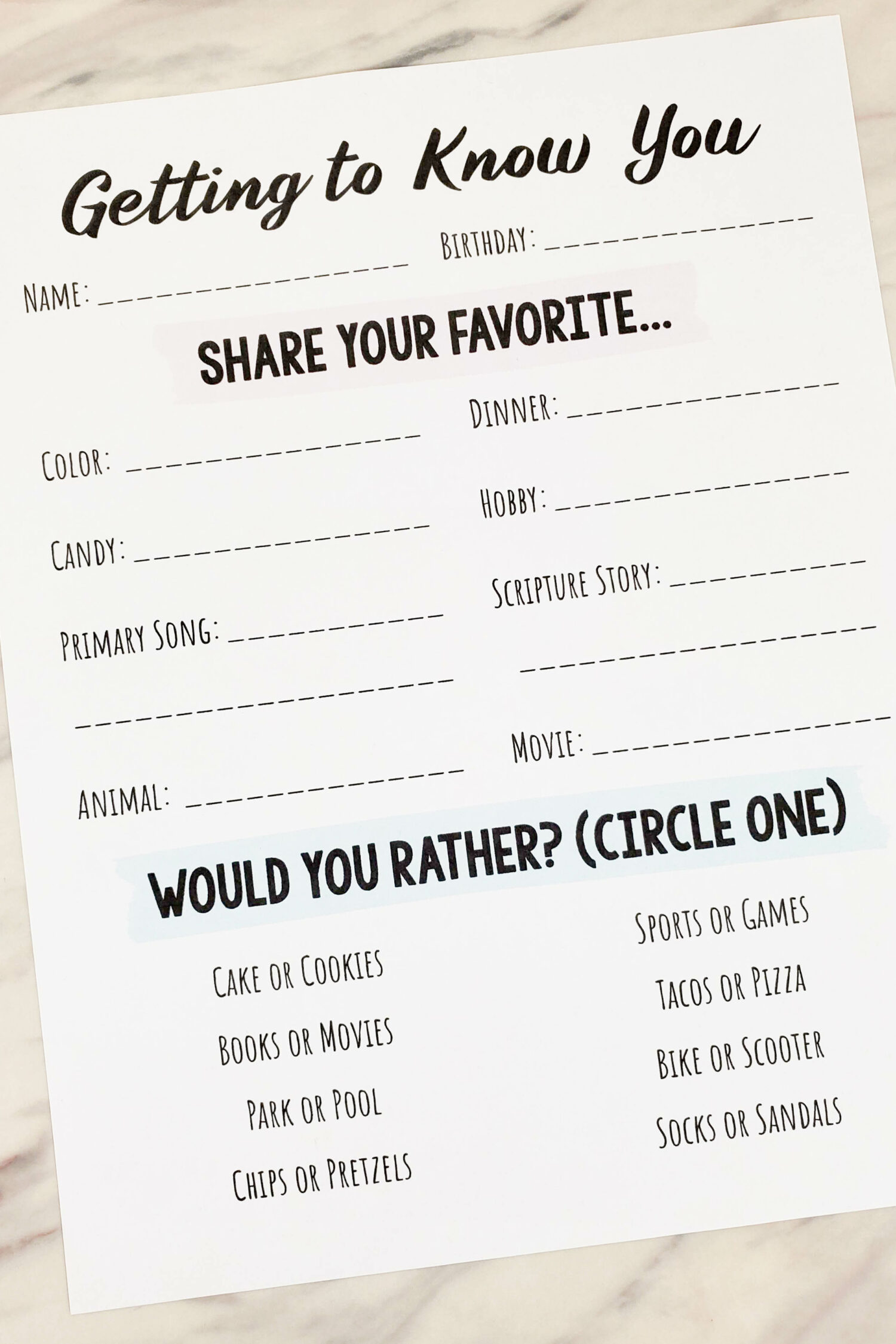Getting to Know You Printable Survey - Fun questionnaire for LDS Primary Music Leaders or Come Follow Me for Primary Sunday School teachers! Includes a section for them to fill-in their favorites and then a section to pick which they prefer in a would you rather game! Easy ideas to use this in singing time as well.