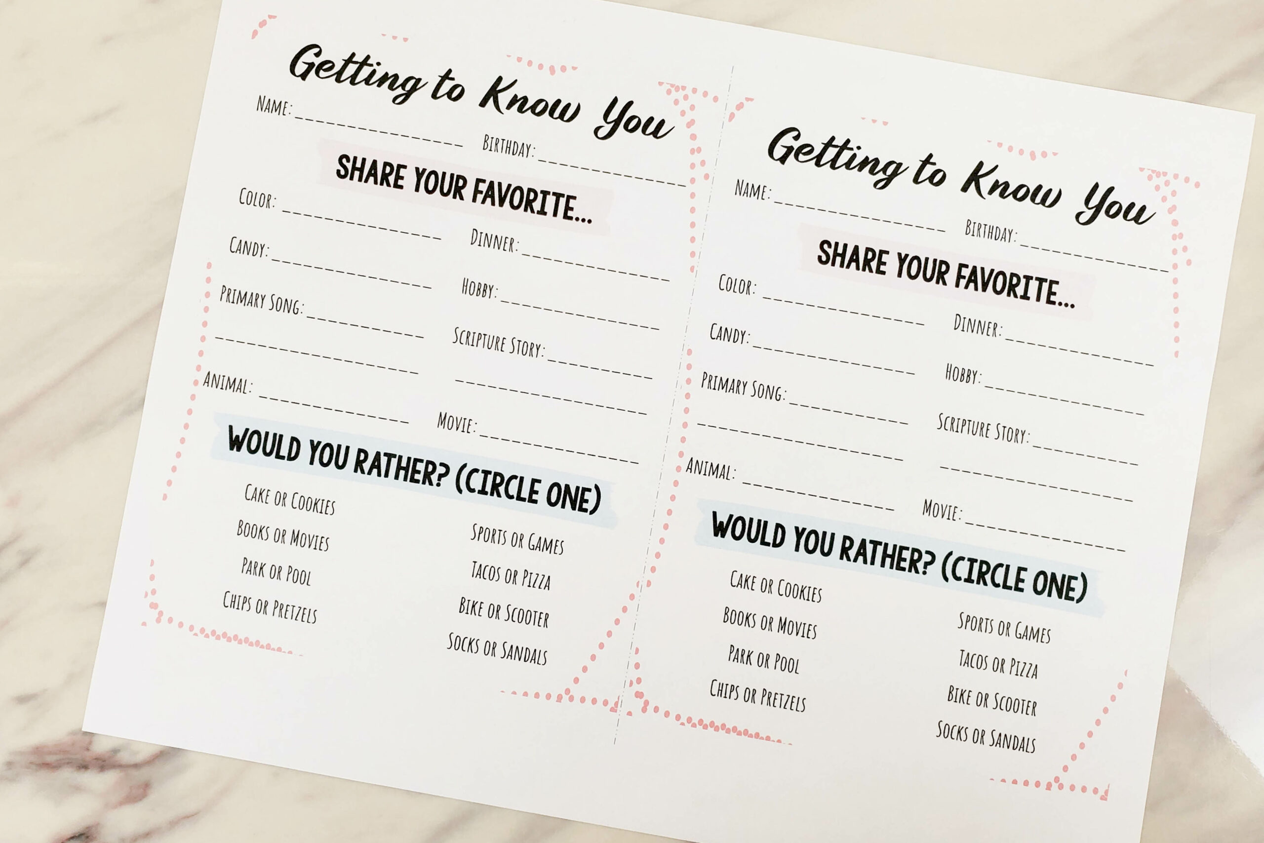 Getting to Know You Printable Survey - Fun questionnaire for LDS Primary Music Leaders or Come Follow Me for Primary Sunday School teachers! Includes a section for them to fill-in their favorites and then a section to pick which they prefer in a would you rather game! Easy ideas to use this in singing time as well.