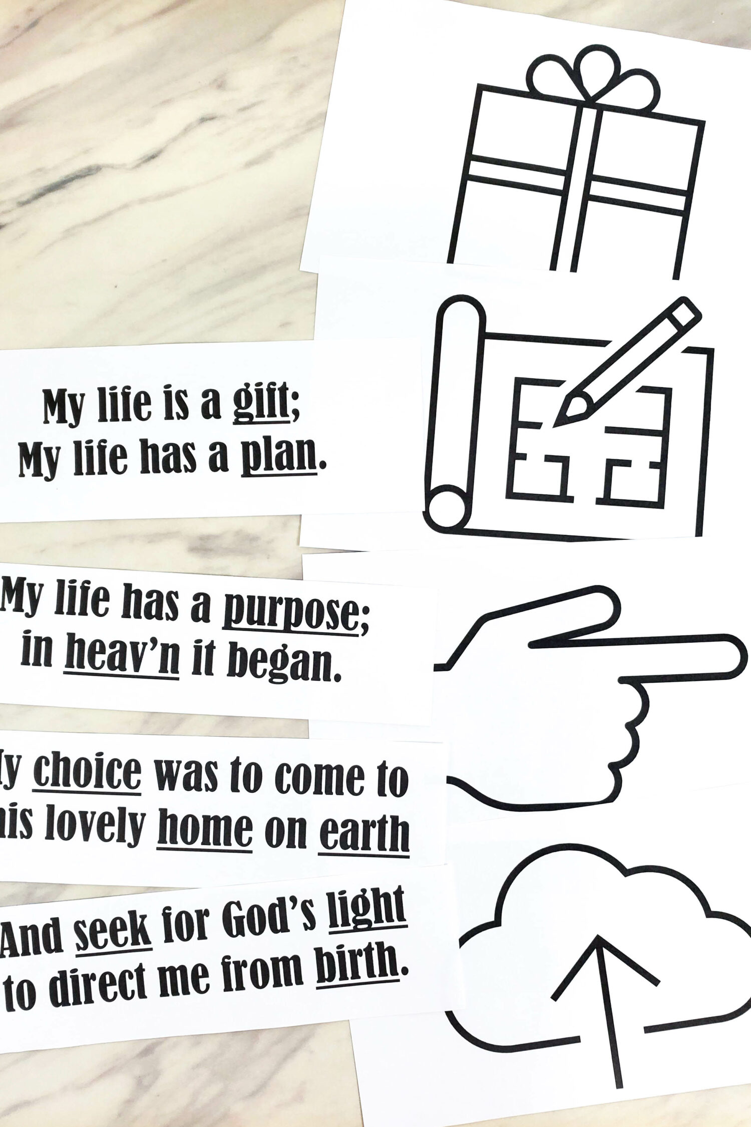 I Will Follow God's Plan Color & Match singing time idea for LDS Primary Music Leaders - Use this fun activity to color in symbol icons for the lines of the song and then try to get them in the right order. Or, play a traditional match game!