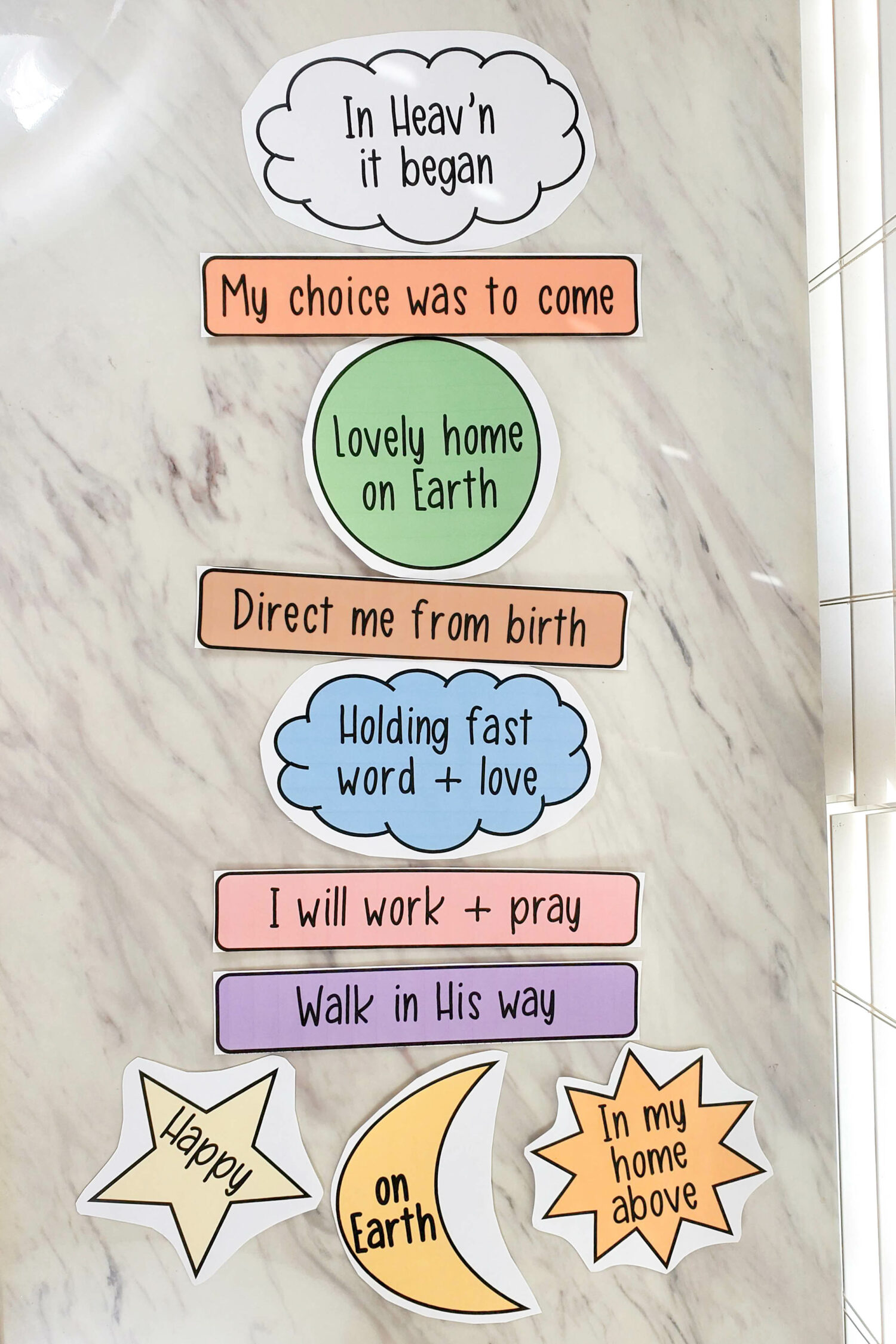 I Will Follow God's Plan of Salvation singing time idea with printable cues that follow the Plan of Happiness line by line with the song and a traditional printable flow chart! Printables for LDS Primary music leaders and teachers.