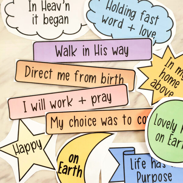 I Will Follow God's Plan of Salvation singing time idea with printable cues that follow the Plan of Happiness line by line with the song and a traditional printable flow chart! Printables for LDS Primary music leaders and teachers.
