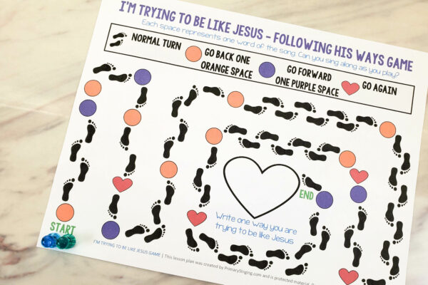 I'm Trying to Be Like Jesus Following in His Ways Board Game - A fun and unique way to teach this song in singing time or a fun game to play at home for Come Follow Me! Printable game for LDS Primary music Leaders.