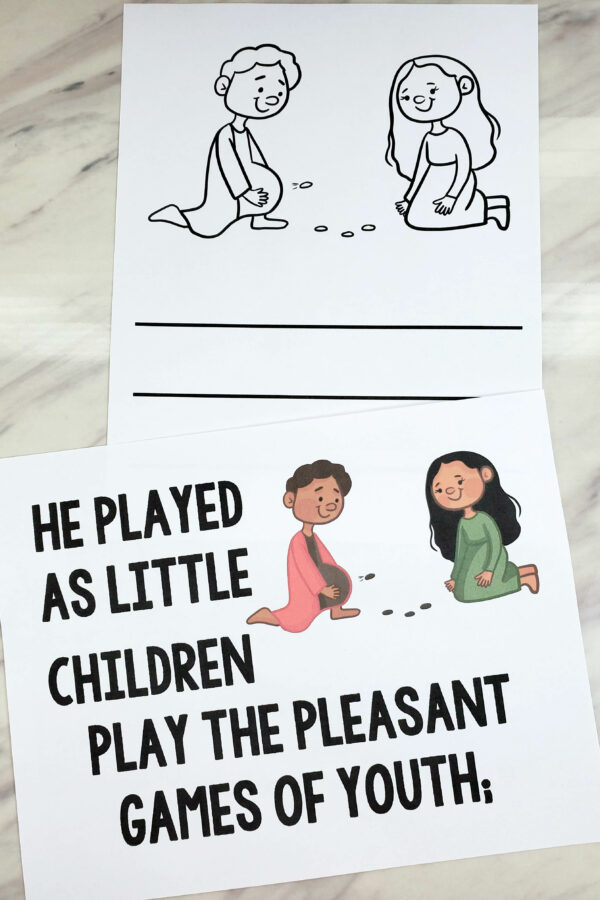 Jesus Once Was a Little Child custom art flip chart in multiple sizes, portrait and landscape color and black and white printable PDF visuals and lyrics. Singing time helps for LDS Primary music leaders.