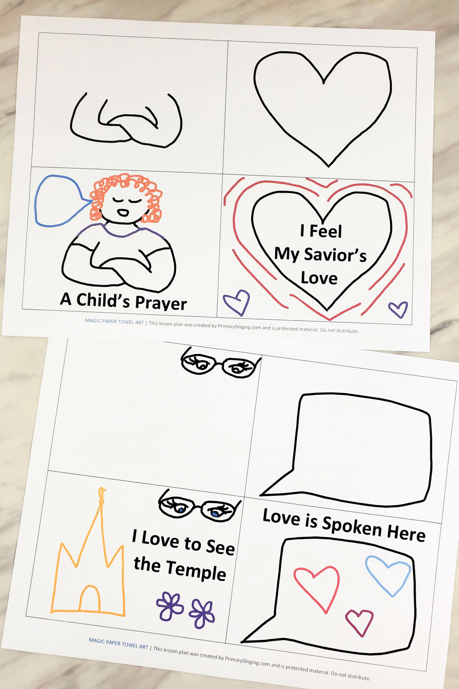 Magic Paper Towel Art song review game for Singing Time with any songs you'd like magically add colors with water. Ready with Valentine's Day song ideas or add your own  songs! Printable helps for LDS Primary music leaders.