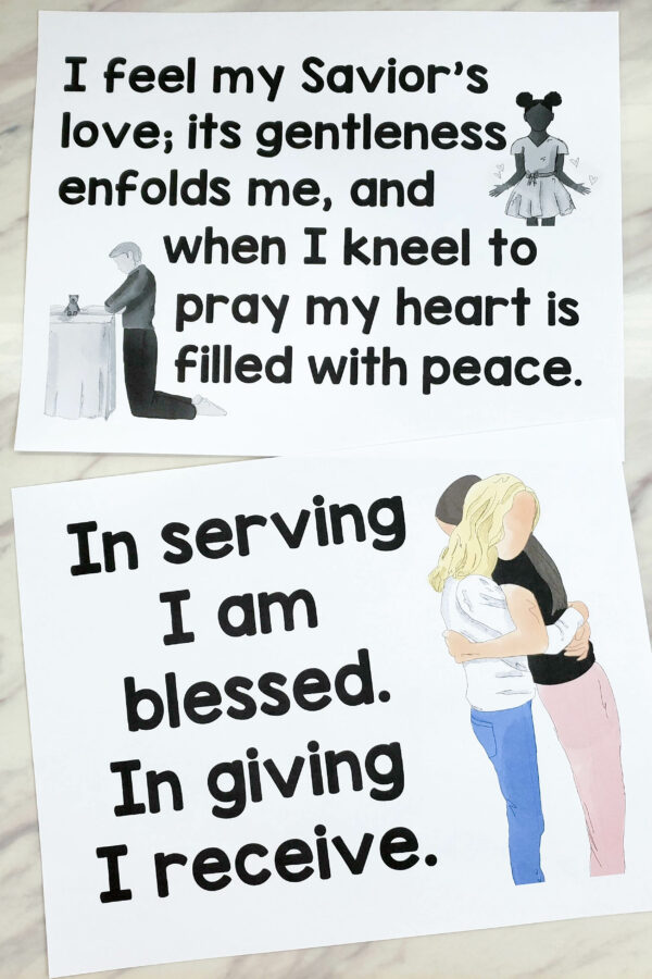 I Feel My Savior's Love custom art flip chart in multiple sizes, portrait and landscape color and black and white printable PDF visuals and lyrics. Singing time helps for LDS Primary music leaders.