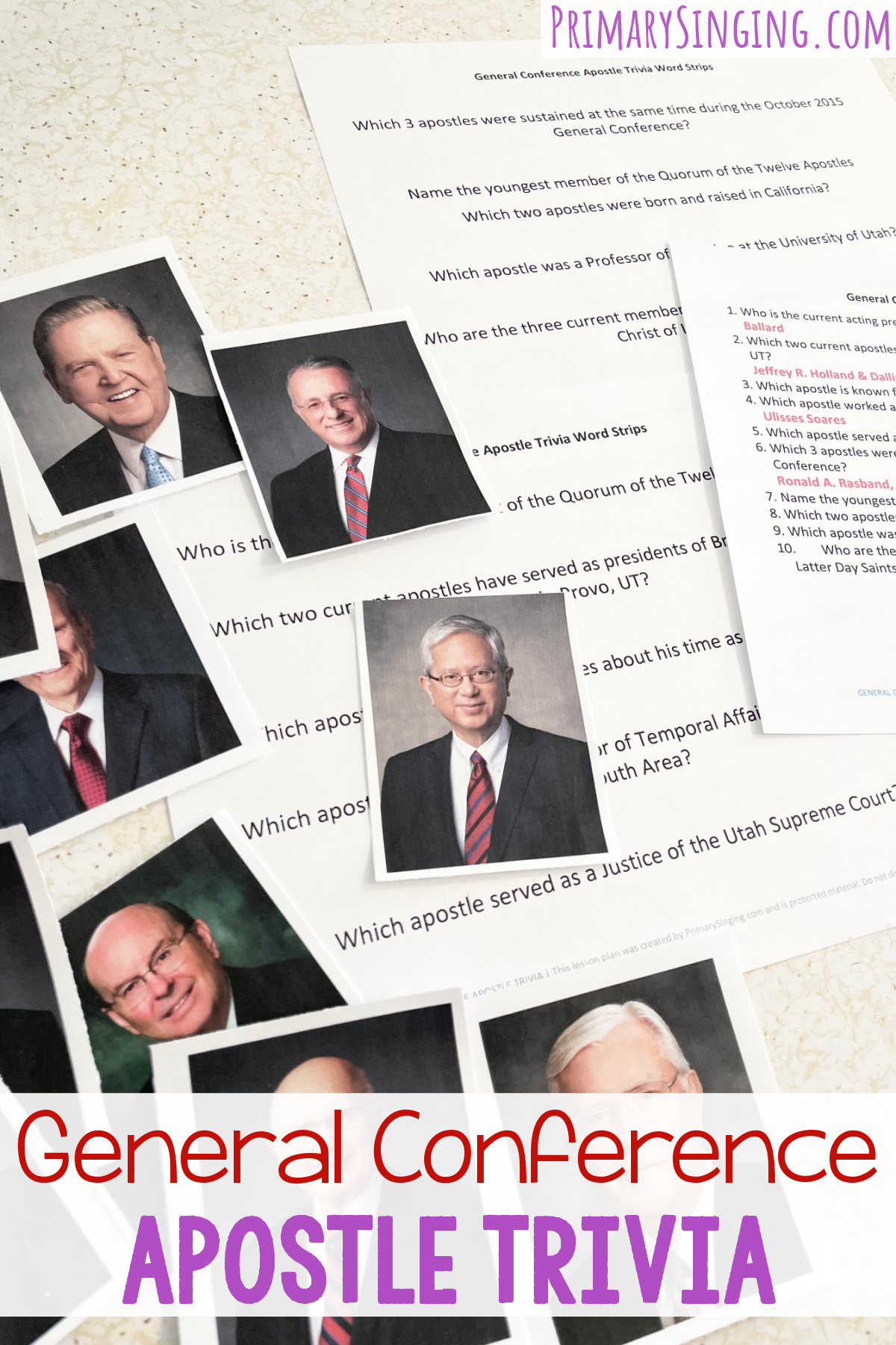 Help your primary kids get excited for General Conference with this fun General Conference Apostle Trivia game of matching trivia questions to pictures of apostles for LDS Primary Music Leaders. 