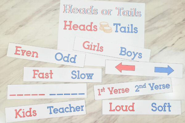 Heads or Tails singing time review game fun printables to help you sing a song on repeat while dividing the room or selecting a way to sing with a fun random selection by tossing a coin. Includes both printable and slideshow games.