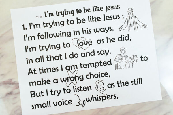 I'm Trying to Be Like Jesus flip chart color-in black and white option for easy printing but still include song visuals great for teaching this song for LDS Primary Music Leaders.
