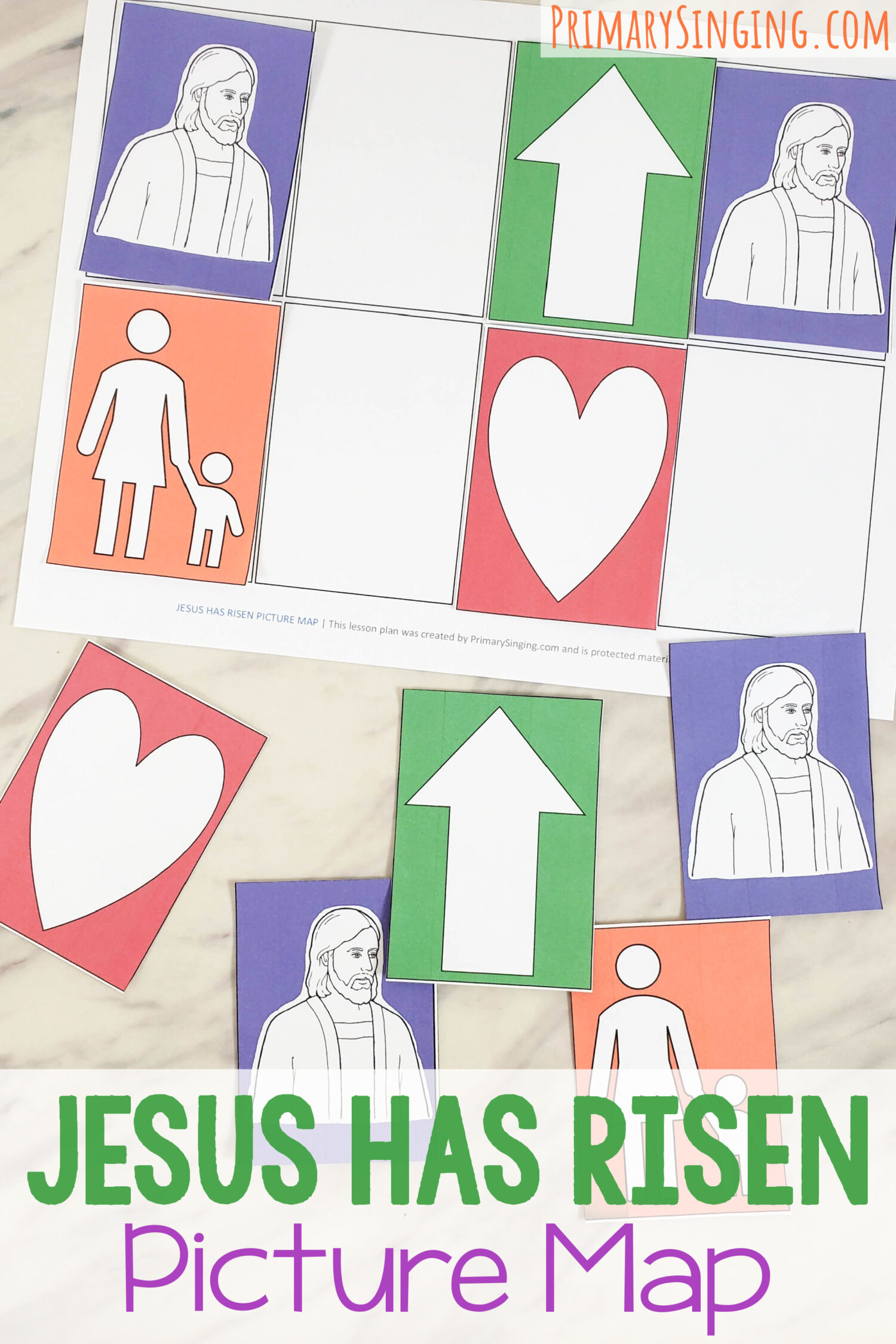 Jesus Has Risen Picture map fun interactive way to teach this song in singing time with lesson plan and printable helps for LDS Primary music leaders. Use this crack the code to have the kids place the colors or icons in the blanks representing each word of the song lyrics!