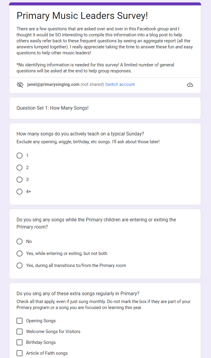 Answers to Singing Time Questions Primary Survey Easy ideas for Music Leaders Primary Survey Questionaire