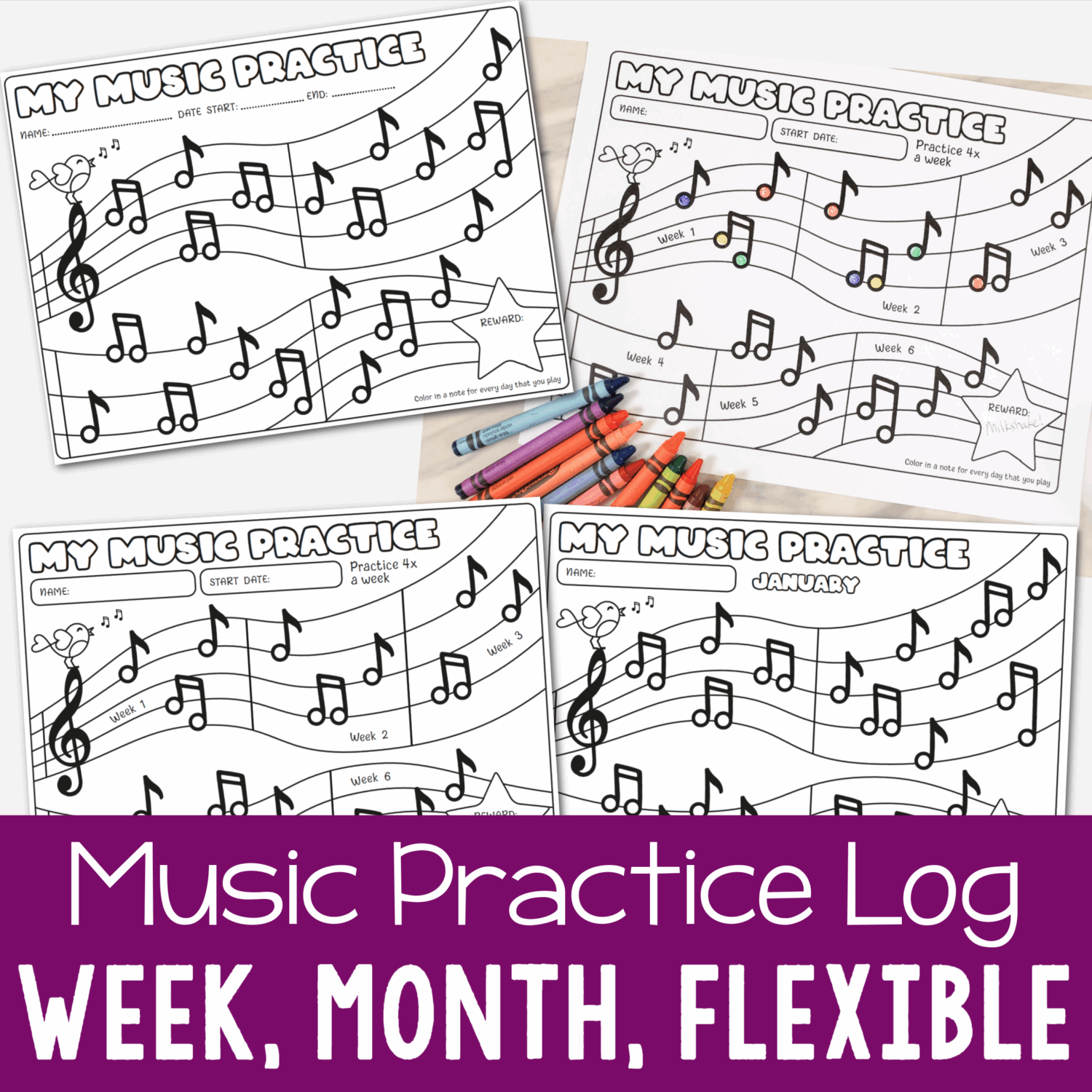 October Overview & Halloween Activities 5 Music Practice Tracker | Piano log, sheet, reward chart with Weekly, Monthly, and Flexible Dates Color-in Notes for Practicing an Instrument