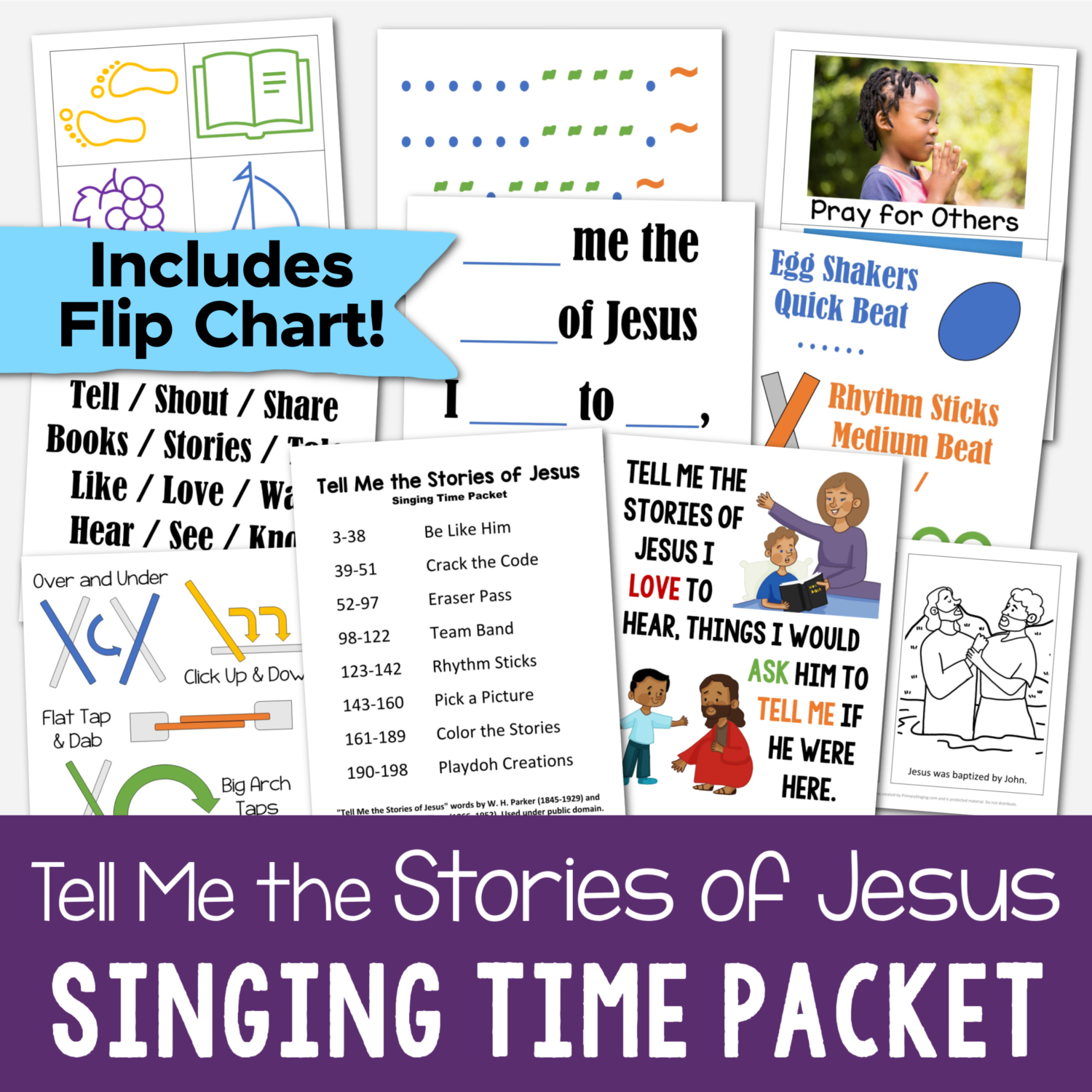 Tell Me the Stories of Jesus Rhythm Sticks 10 Tell Me the Stories of Jesus Singing Time teaching aids and flip chart visuals for learning this song printables for LDS Primary music leaders. Tell Me the Stories of Jesus Singing Time teaching aids for learning this song printables for LDS Primary music leaders. Includes: be like him game, crack the code, eraser pass, team band, rhythm sticks, pick a picture, color the stories, and playdoh creations lesson plans.