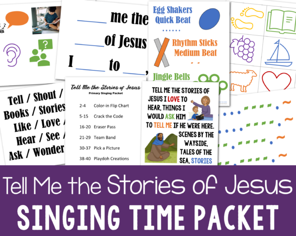 Tell Me the Stories of Jesus Singing Time teaching aids and flip chart visuals for learning this song printables for LDS Primary music leaders or choristers