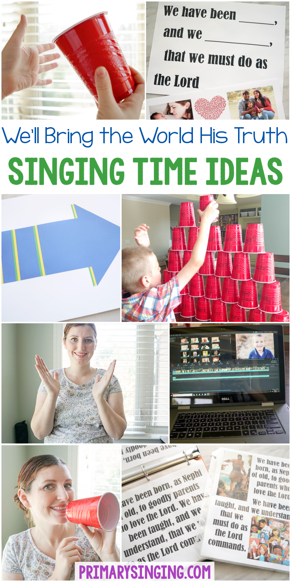 25 Singing time lesson plans and ideas for We'll Bring the World His Truth - a resource for LDS Primary choristers / music leaders including printable song helps and lots of fun teaching ideas! Cup patterns, fill in the blank, beat vs rhythm and many more! #PrimarySinging #LDS #Primary