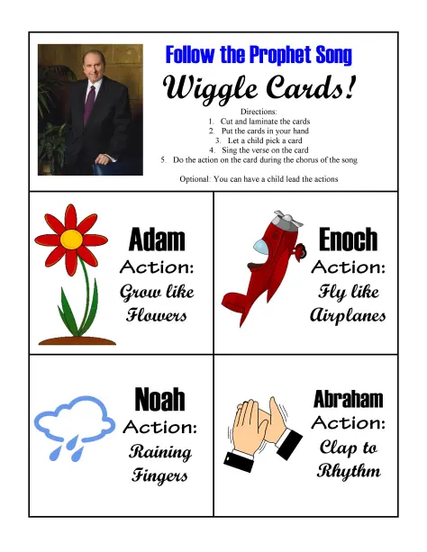 30 Follow the Prophet Singing Time Ideas Easy ideas for Music Leaders follow the prophet wiggle cards