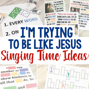 30 I'm Trying to Be Like Jesus Singing Time Ideas - Fun and easy ways to teach this LDS Primary song for music leaders / choristers with printable song helps and lesson plans! Use dominoes as an instrument, crack the color code, fill in the word shapes, flip charts, game, secret missions, song story and many more!