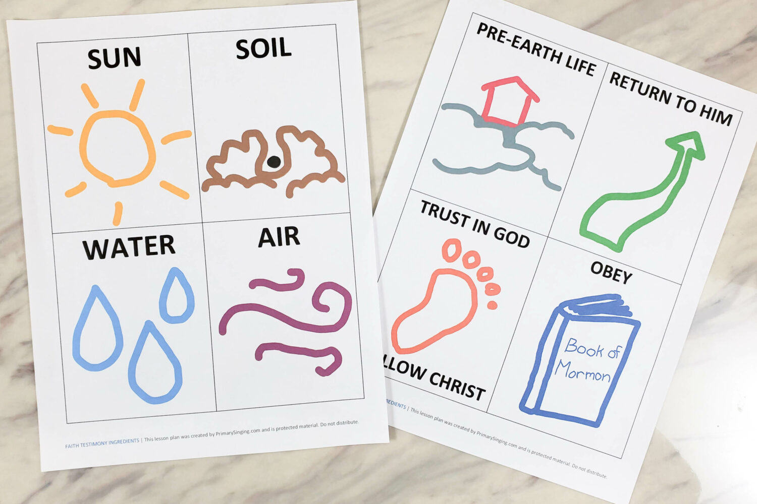Faith Testimony Ingredients - Compare the simple ingredients a plant needs to grow and thrive with the ingredients of our testimony from the 2nd verses of the LDS Children's Songbook song Faith. Fun singing time idea for LDS Primary music leaders with printable visual aids.