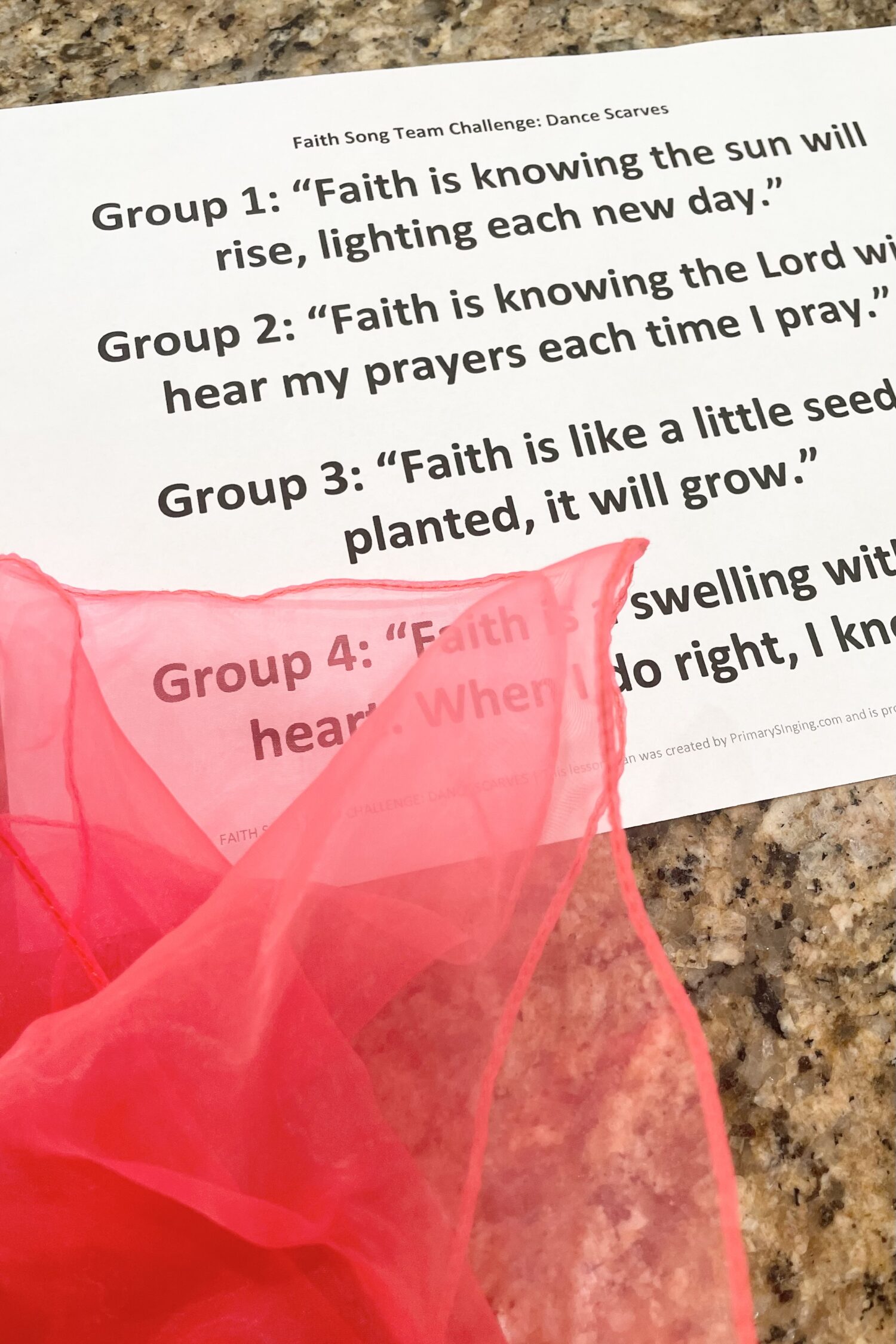 Try this fun Faith Primary Song Team Dance Scarves activity in singing time with each group performing part of the song while using dance scarves pattern for LDS Primary Music Leaders teaching Come Follow Me New Testament.