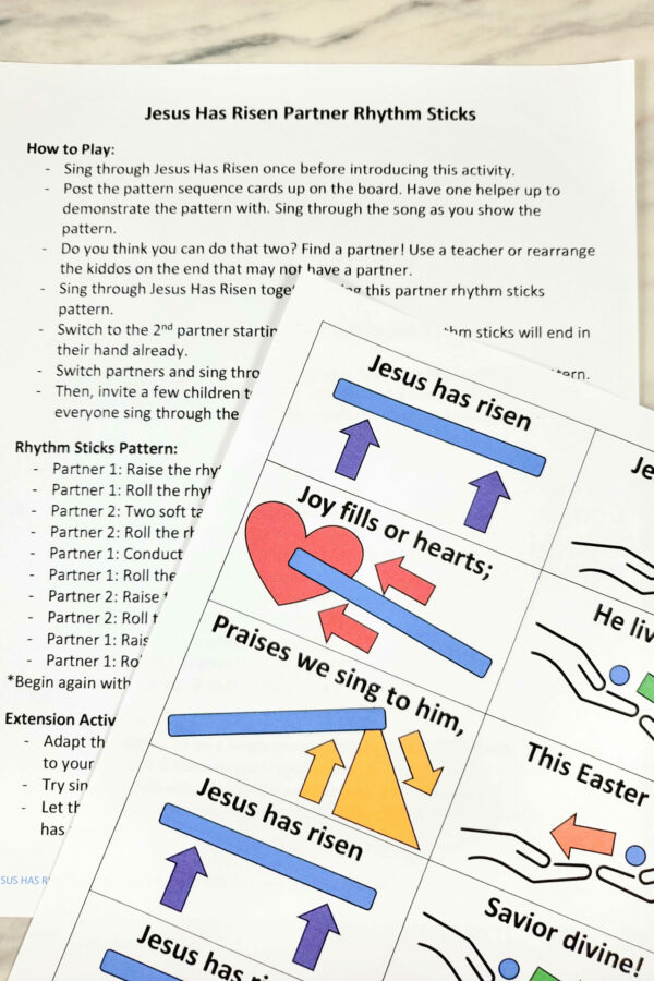 Jesus Has Risen Partner Rhythm Sticks pattern singing time idea. Use this fun pattern with a partner to have fun with adding movement that perfectly goes along with the lyrics to help teach Jesus Has Risen while having fun! Printables for LDS Primary Music Leaders.