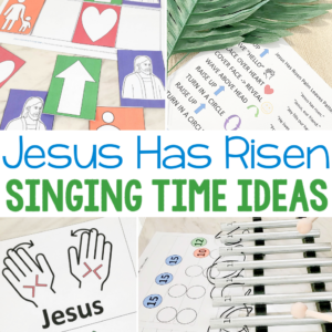 Jesus Has Risen Singing Time Ideas - Tons of fun ways to teach Jesus Has Risen in Primary including using rhythm sticks, palm leaves for Easter, rise and clap movement idea, song story, chimes, asl sign language and more! You'll love all these easy ways for teaching designed for LDS Primary music leaders with printable song helps.