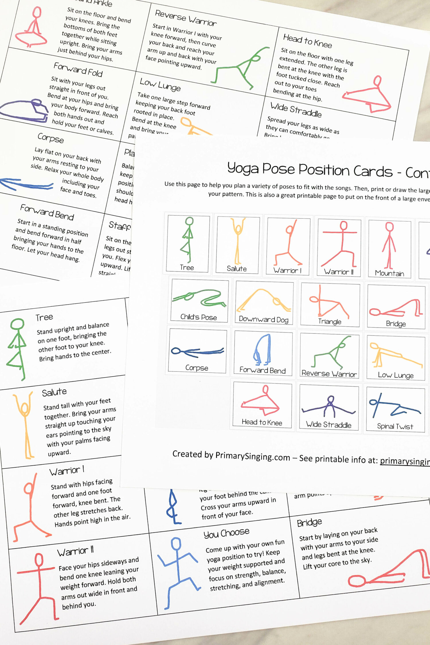 Yoga Poses Position Cards Printable cards to add movement, exercise, and fun into Primary Singing time, preschool, or homeschool - or for home use! Printable song helps for LDS Primary Music Leaders Singing Time and other teachers, parents, and families!