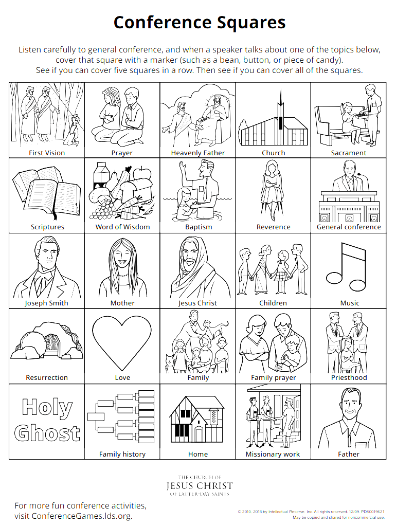 General Conference Bingo Squares printable kids activity worksheets and coloring page