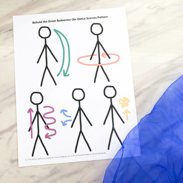 Behold the Great Redeemer Die Dance Scarves singing time activity! Try this fun SLOW movement pattern to help the children feel the emotion and feelings of the melody and the lyrics with this sequence of actions! Free printable dance scarves pattern for LDS Primary music leaders and families.