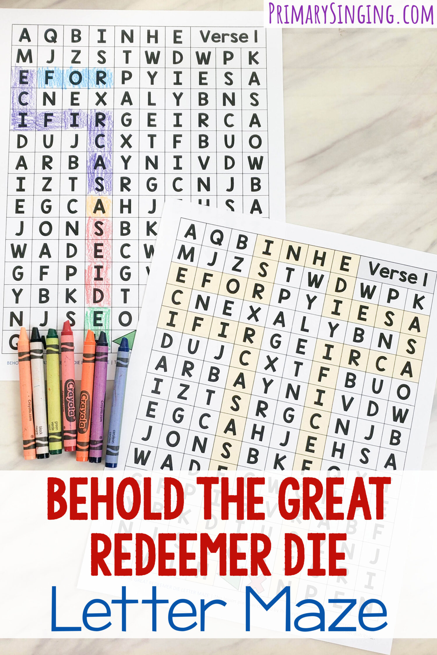 Behold the Great Redeemer Die Letter Maze singing time activity! Use this fun color-in pattern to highlight the repeating phrase of this hymn! Free printable letter maze worksheet for LDS Primary music leaders and families.