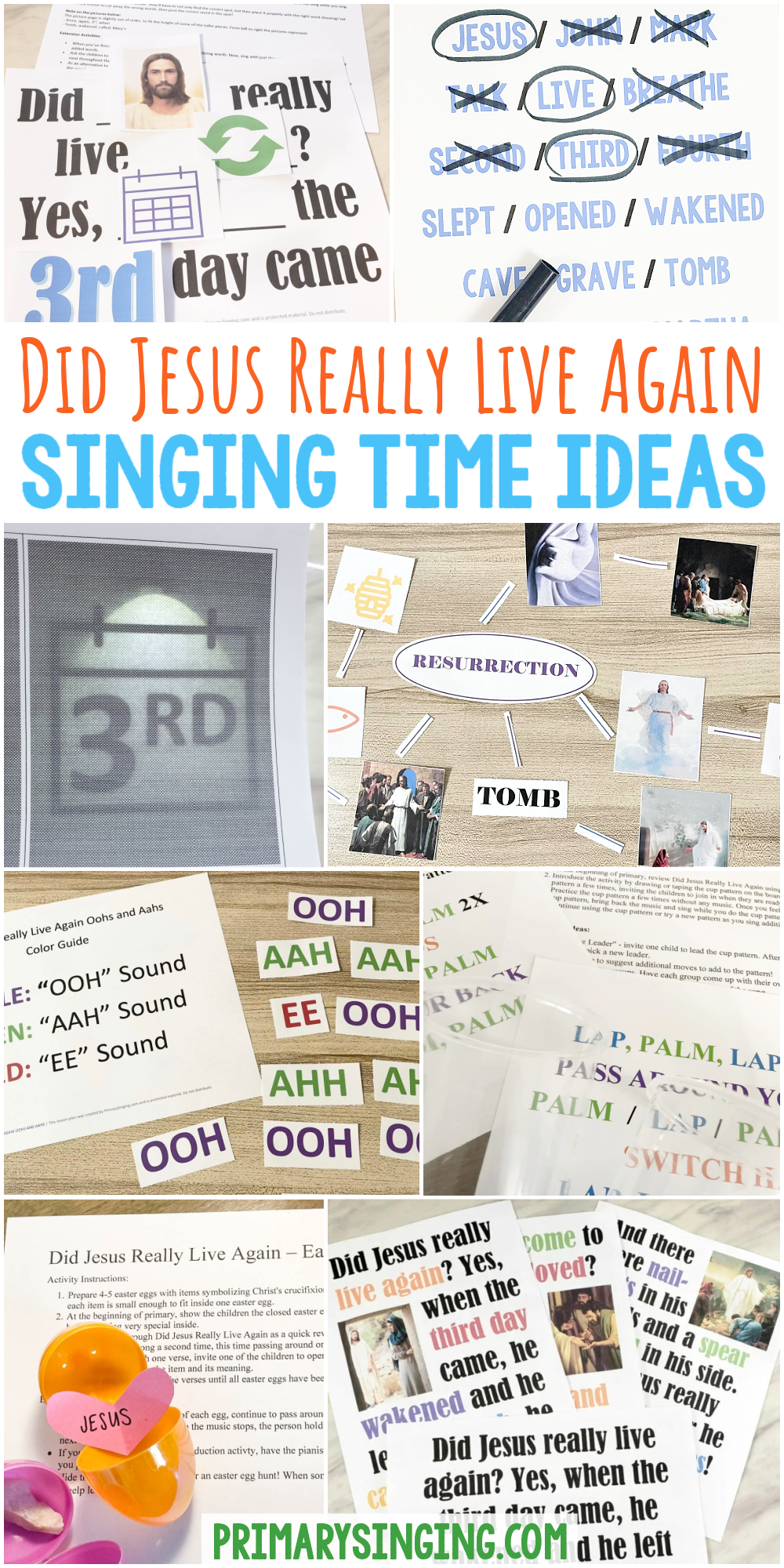 22 Did Jesus Really Live Again singing time ideas - TONS of fun and engaging ways to teach this song including resurrection eggs, word map, cup pattern, eraser pass, find the word, shadow pictures, and more! Activities with printable song helps for LDS Primary music leaders.