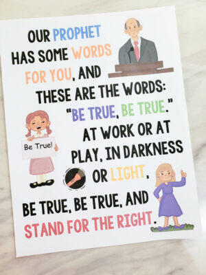Stand for the Right custom art flip chart in multiple sizes, portrait and landscape color and black and white printable PDF visuals and lyrics. Singing time helps for LDS Primary music leaders.