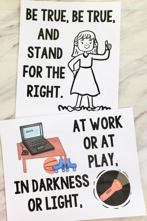 Stand for the Right custom art flip chart in multiple sizes, portrait and landscape color and black and white printable PDF visuals and lyrics. Singing time helps for LDS Primary music leaders.