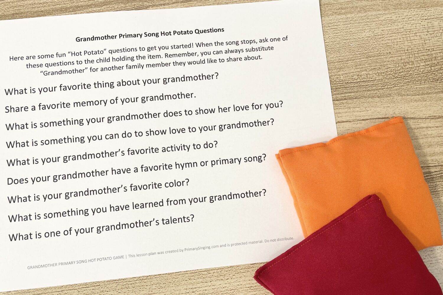Try this fun Grandmother Primary Song Hot Potato Game to review this Mother's Day song by passing around a bean bag until the music stops for LDS Primary Music Leaders.