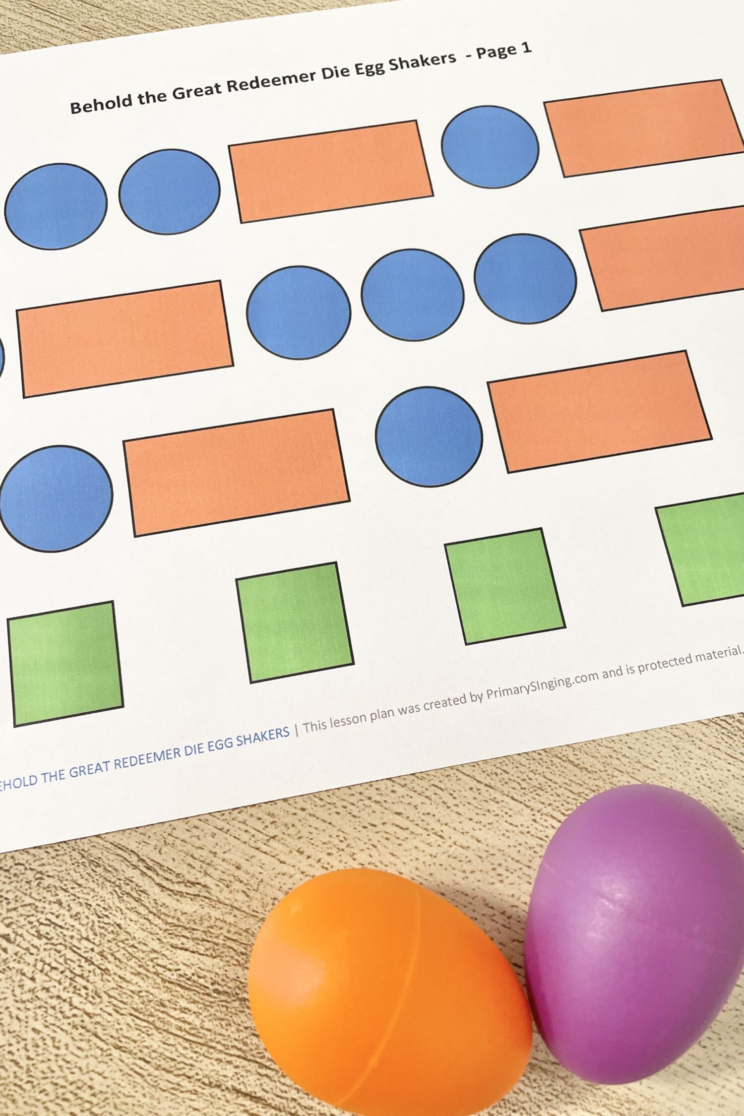 Behold the Great Redeemer Die Egg Shakers! Use this egg shaker pattern with 3 rhythms to review this Come Follow Me New Testament song for LDS Primary Music Leaders.