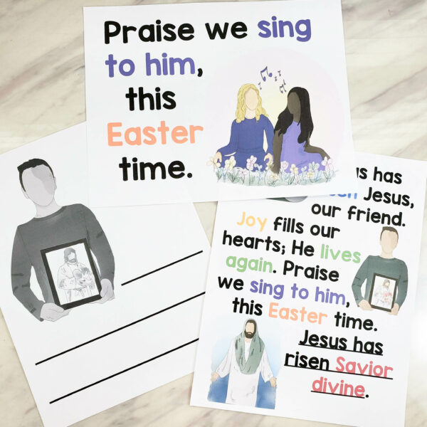 Jesus Has Risen custom art flip chart in multiple sizes, portrait and landscape color and black and white printable PDF visuals and lyrics. Singing time helps for LDS Primary music leaders.