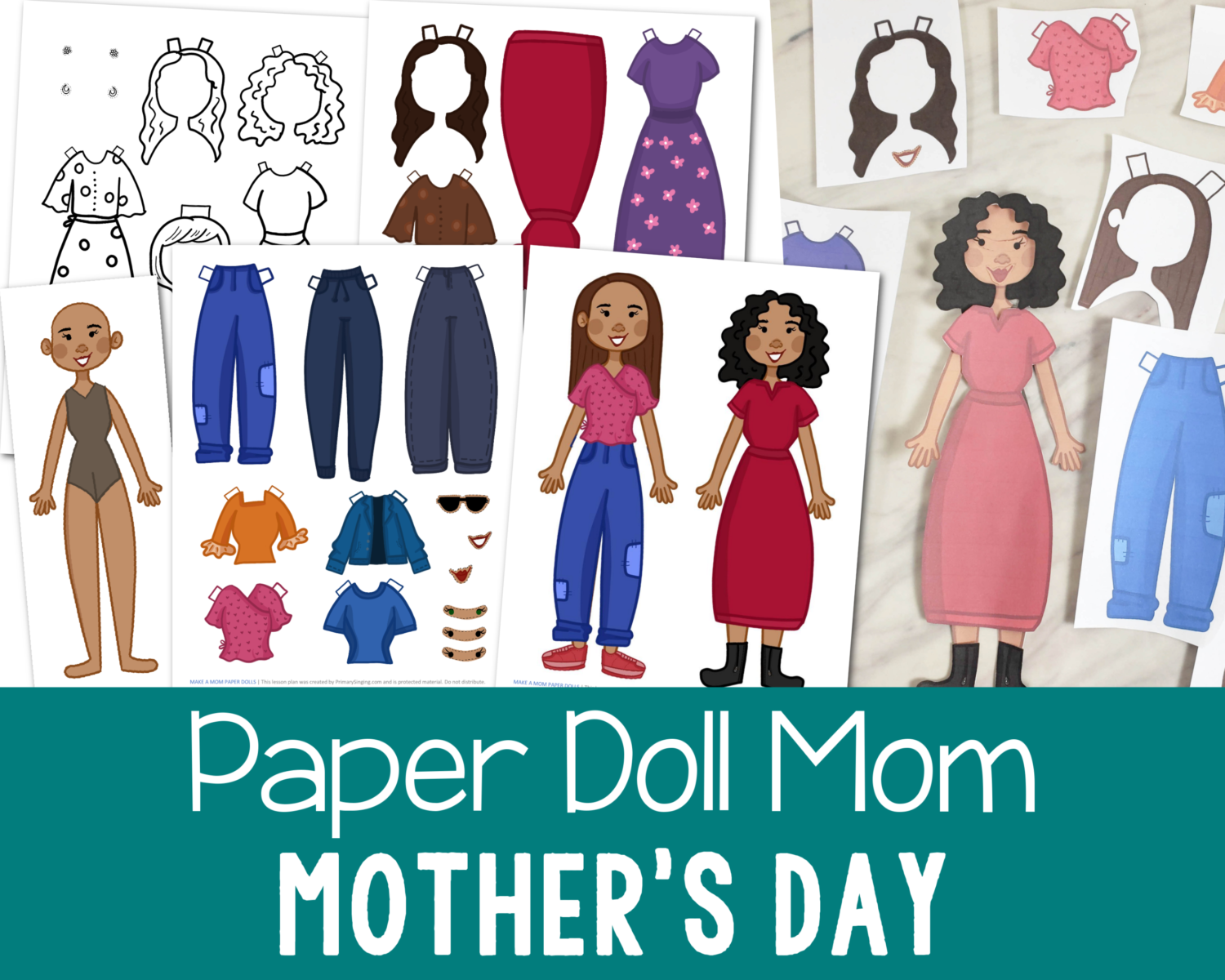 Mother's Day Make a Mom Paper Dolls - Cute printable singing time activity or kids activities to personalize a perfect mom. Coloring page paper dolls with mix and match outfits. Printable song helps and visual aids for LDS Primary music leaders.