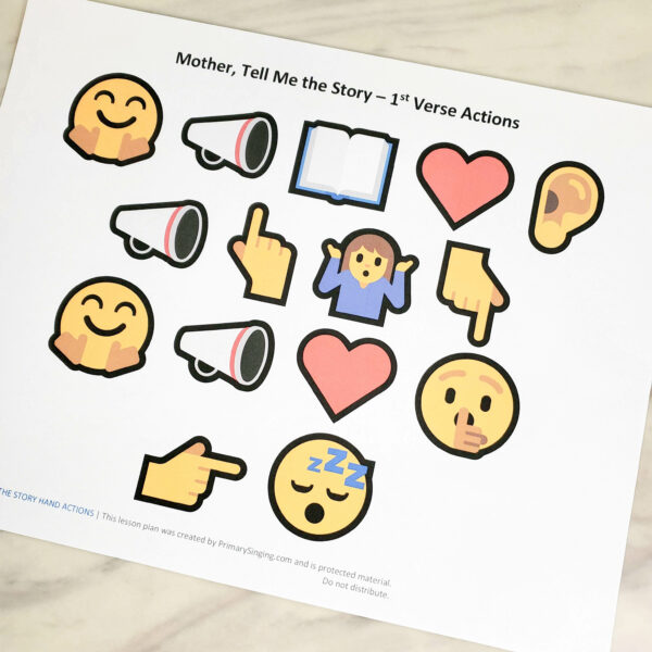 Mother Tell Me the Story Hand Actions easy and fun singing time idea to add in a simple movement action for the keywords throughout the song! Great way to help the kids remember what words come next. Activity with printable for LDS Primary music leaders teaching this Mother's Day song.