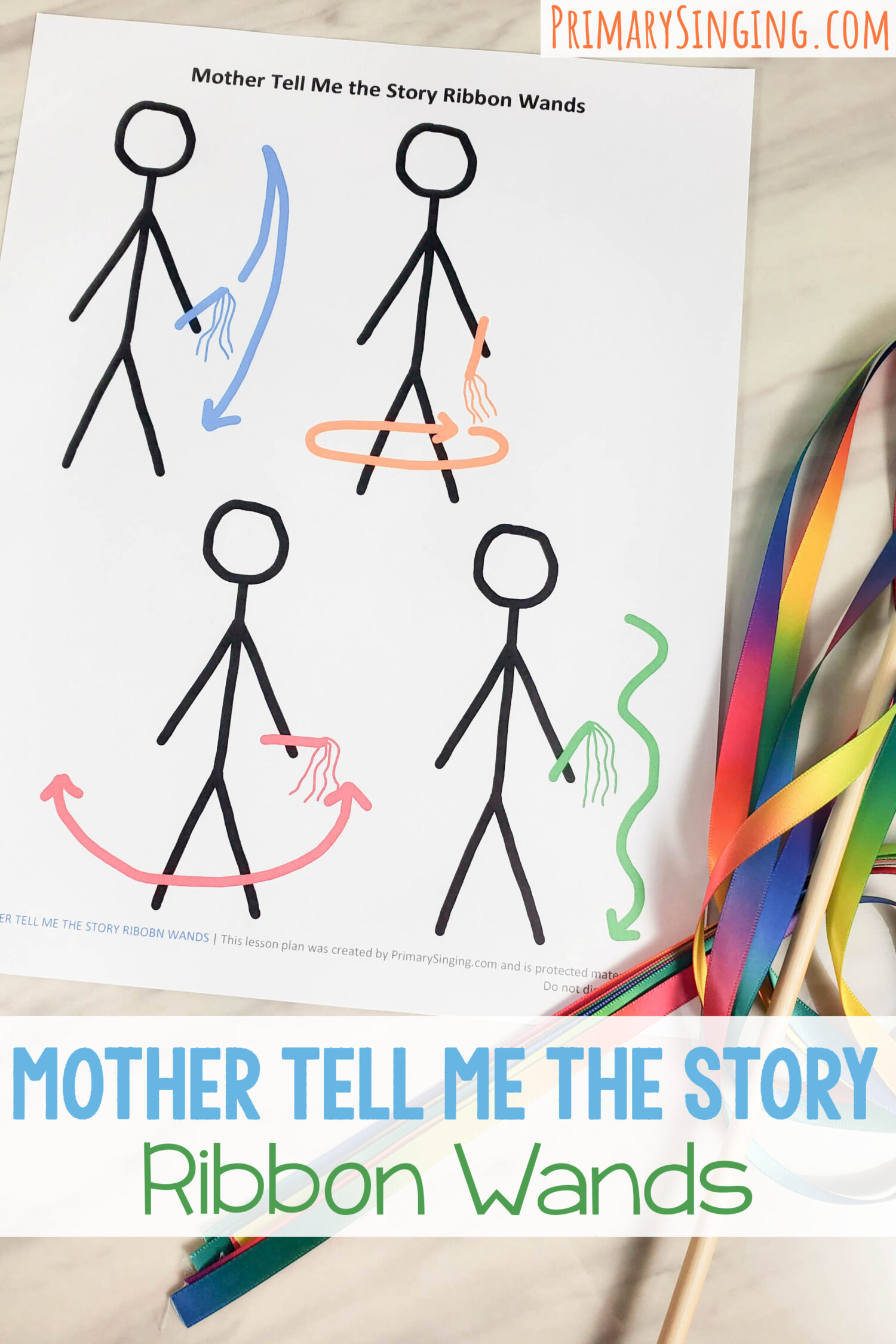 Mother Tell Me the Story Ribbon Wands singing time idea - Use these fun movements with ribbon wands that follow along with the melody and match the lyrics. This printable chart makes it easy for LDS Primary music leaders and the kiddos to follow along.