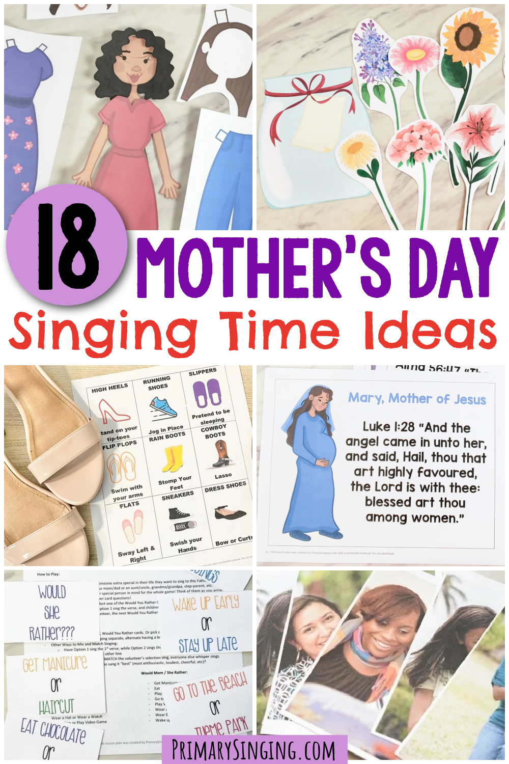 Mother's Day Singing Time Ideas - Tons of fun ways to teach your choice of Mother's Day song including a song list to help you pick your song and song-specific lesson plans for singing time. Teaching aids for LDS Primary music leaders!