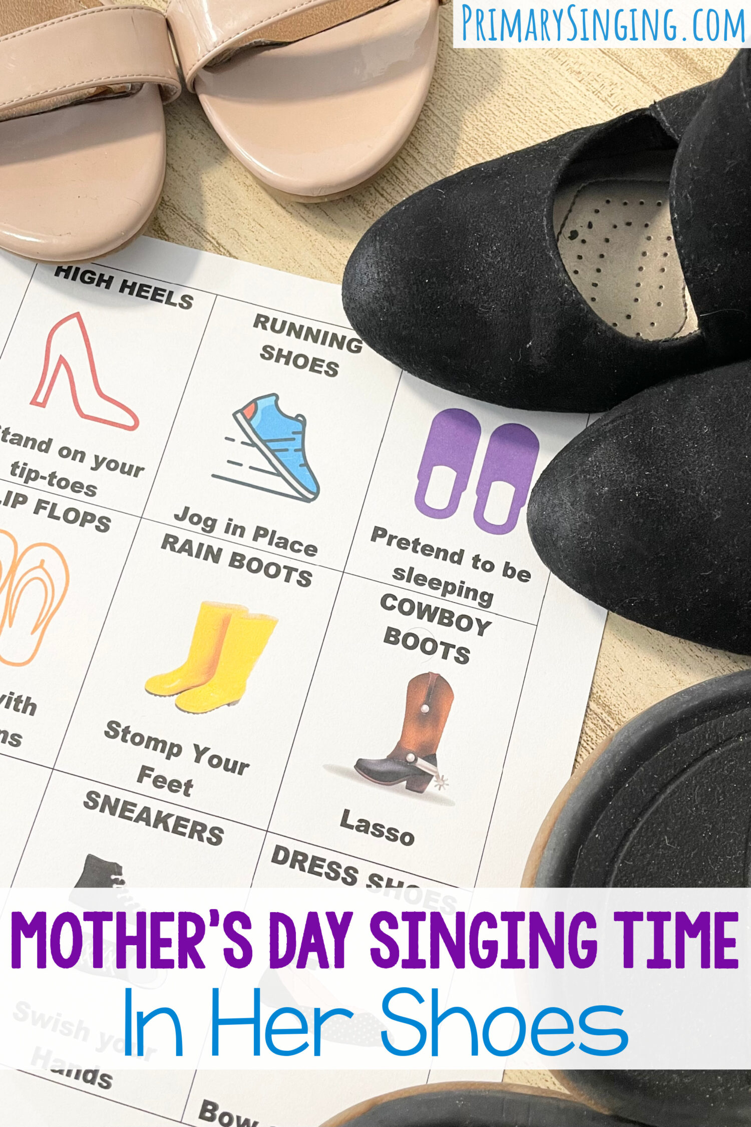 Use this fun Mother's Day In Her Shoes singing time idea for children to try on Mom's shoes and lead the Mother's Day song for LDS Primary Music Leaders.