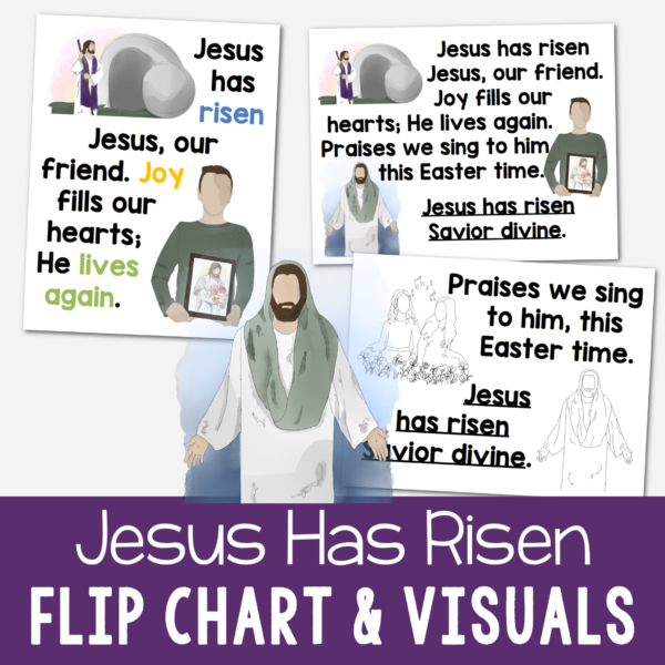 Jesus Has Risen Flip Chart with custom art in both portrait and landscape singing time visual aids for LDS Primary music leaders.