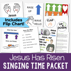 Jesus Has Risen singing time packet easy ways to teach this LDS Primary song for Primary music leaders! Includes a song story, picture map, asl sign language, rise & clap, partner rhythm sticks, and palm leaves activity. Plus a colorful flip chart with several different options and a slideshow!