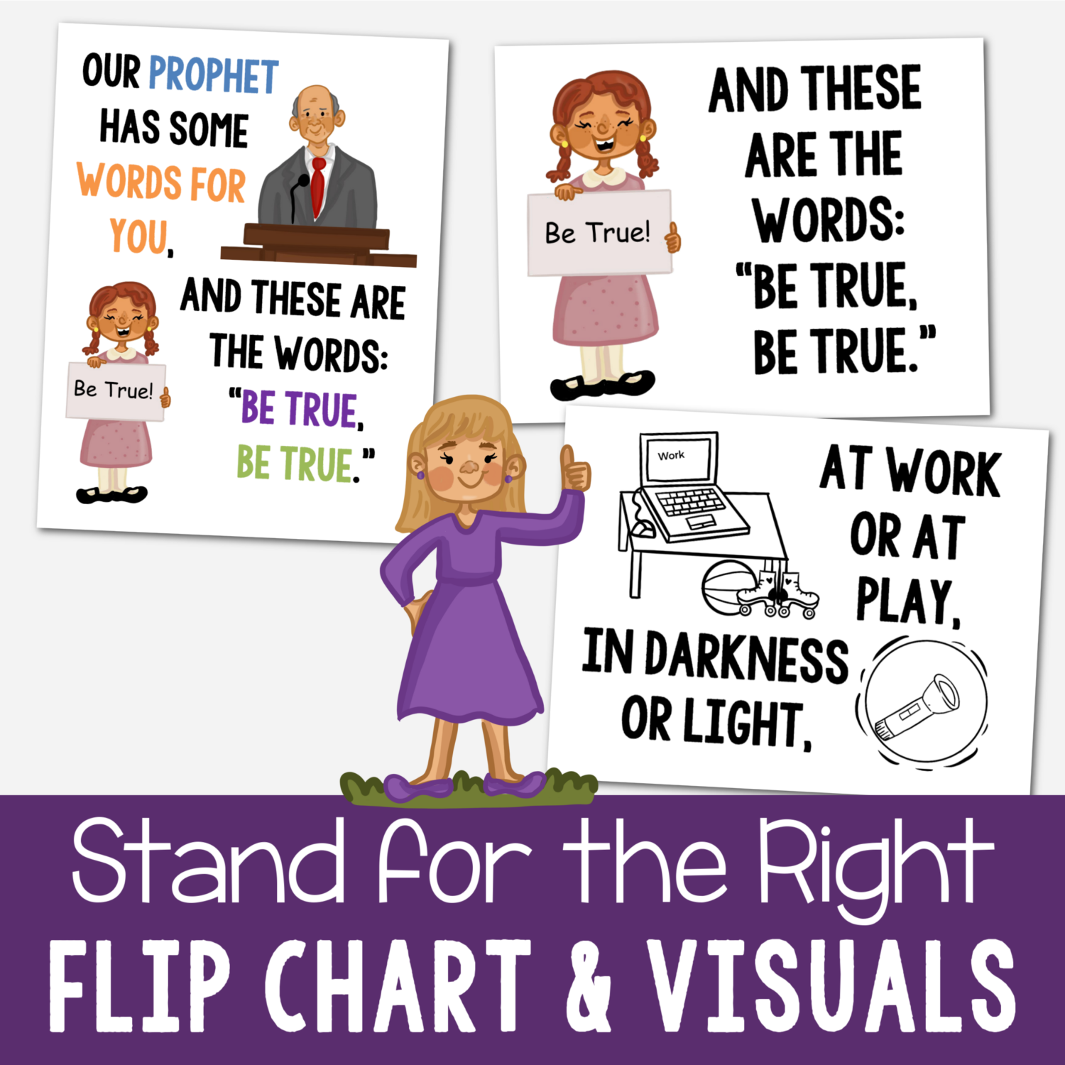 Stand for the Right Flip Chart with custom art in both portrait and landscape singing time visual aids for LDS Primary music leaders.