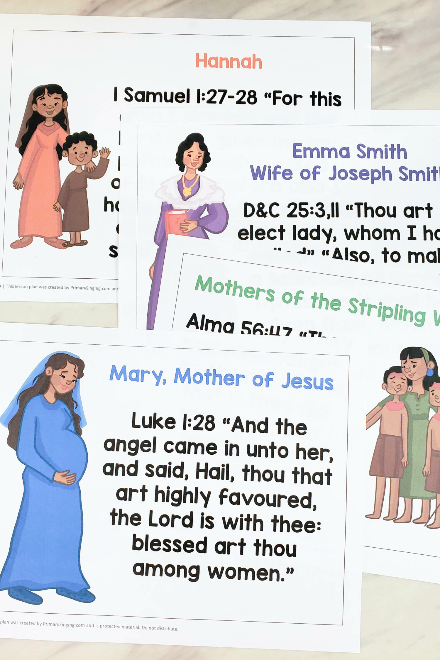 Women in the Scriptures Info Cards with a scripture verse for 25 different women from the New Testament, Old Testament, Book of Mormon, and Doctrine & Covenants. Singing time lesson plan LDS Primary music leaders for Mother's Day.